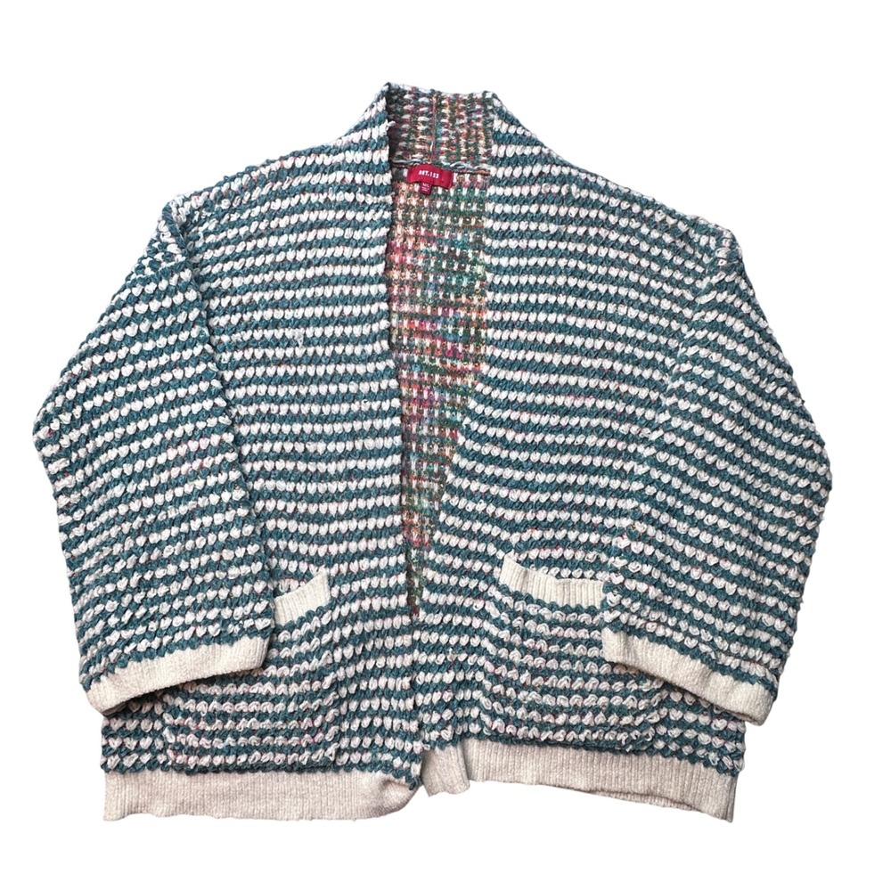 NET.153 Cardigan Women M/L Teal White Striped Popcorn Knit Open Front Boho